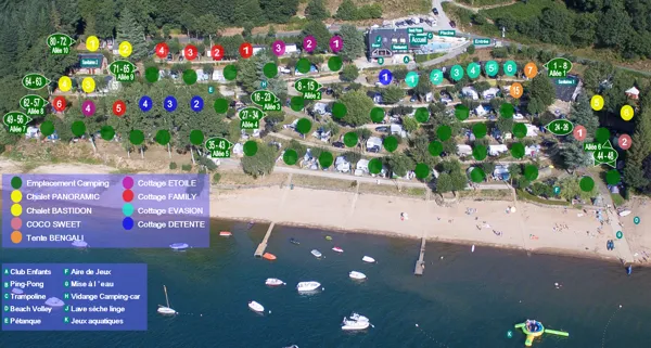 vue aérienne camping Beau-Rivage du lac de Pareloup - accès direct lac de pareloup - accès direct plage lac de pareloup - mise à l'eau lac de pareloup