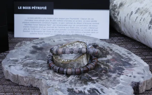 Bracelet en bois fossile naturel entretoise type viking et fermoir acier chirurgical, Atelier Bijoux Elodie Marcillac Estaing