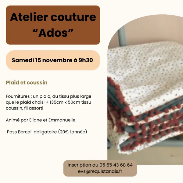 Atelier couture « Ados » : Plaid et coussin