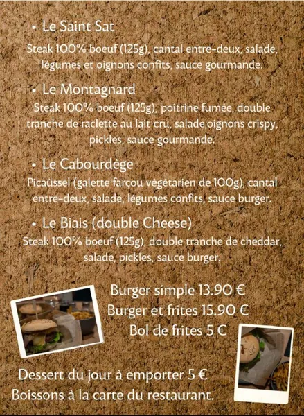Tarifs burgers restaurant Le Saint Sat
