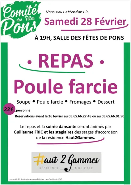 Repas poule farcie et soirée dansante à Pons