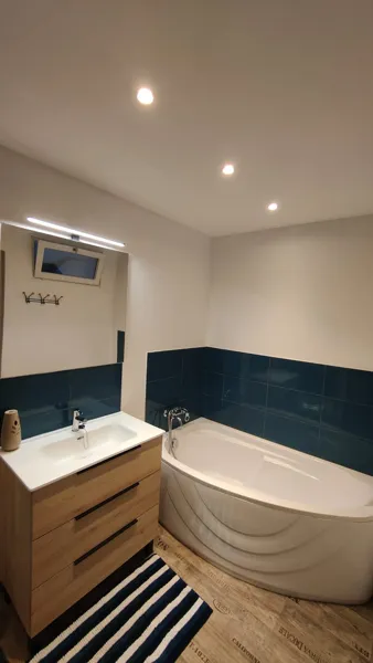 Salle de bain (Douche - Baignoire - Evier - Mirroir - Sèche-cheveux à disposition dans meuble - Gel douche et shampoing disponible)