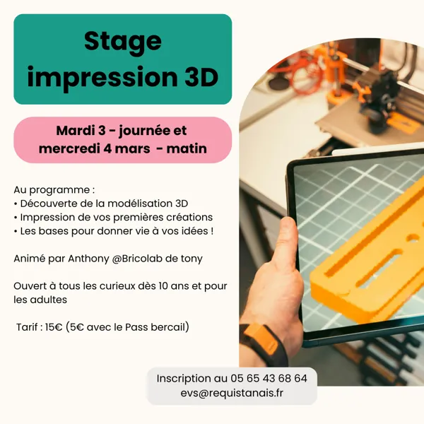 Mardi 3 et mercredi 4 mars : Stage d’initiation à l’impression 3D