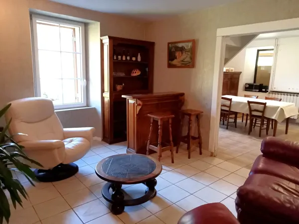 Vaste salon avec : bar, TV et fauteuils en cuir.