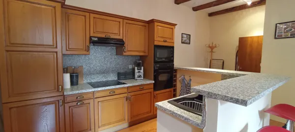 Cuisine ouverte équipée avec four, plaques de cuisson et bar en granit donnant sur le séjour