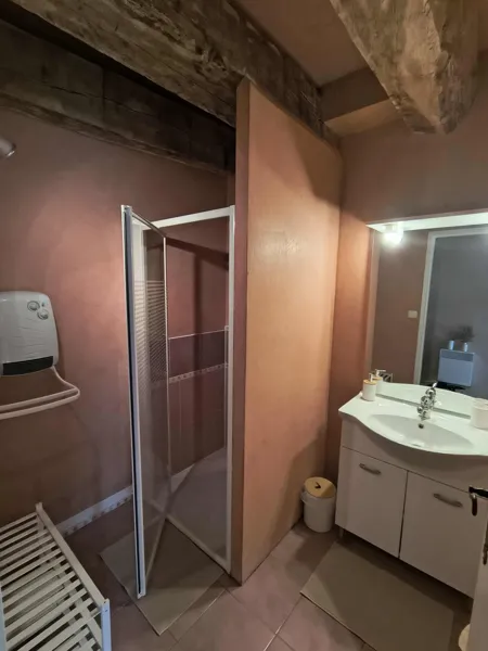 Salle de bain privative de la chambre Verdoyante, avec douche et espace confortable pour un séjour serein à Saisonnée., Maison d’hôtes Saisonnée