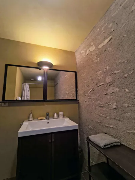 Salle de bain de la chambre Solaire, avec douche et murs en pierre pour une ambiance naturelle et authentique à Saisonnée., Maison d’hôtes Saisonnée