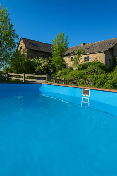 Piscine hors-sol de Saisonnée, idéale pour se rafraîchir tout en profitant de la vue sur la maison et la nature environnante., Maison d’hôtes Saisonnée