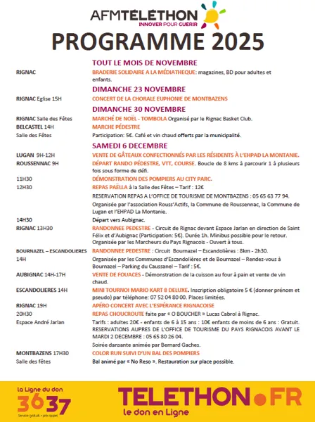 Programme du Téléthon en Pays Rignacois et Plateau de Montbazens 2025