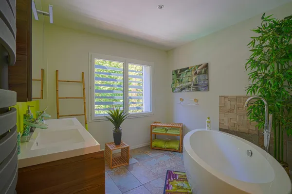 Salle de bain balnéo avec baignoire îlot, douche multijets jacuzzi et sauna iintérieur idéal pour se détendre gite Dandelion 5 étoiles Aveyron, Dandelion Gîte Spa Nature Design  Gorges du Tarn