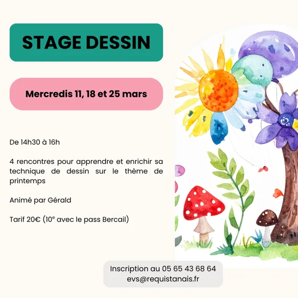 Stage dessin : Mercredis 11, 18, 25 mars et 1er avril 14h30-16h