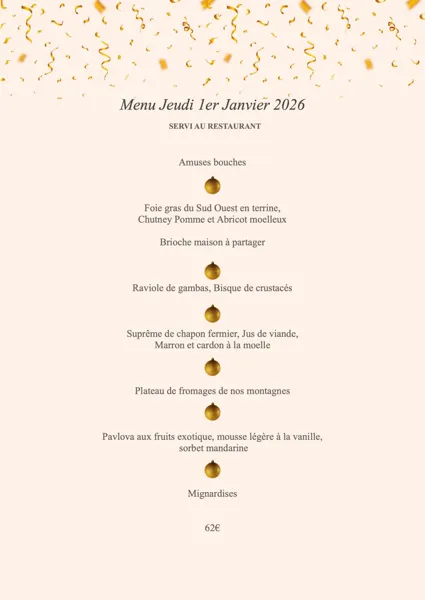 Menu de fêtes au Moulin d'Alexandre à Ste Eulalie d'Olt