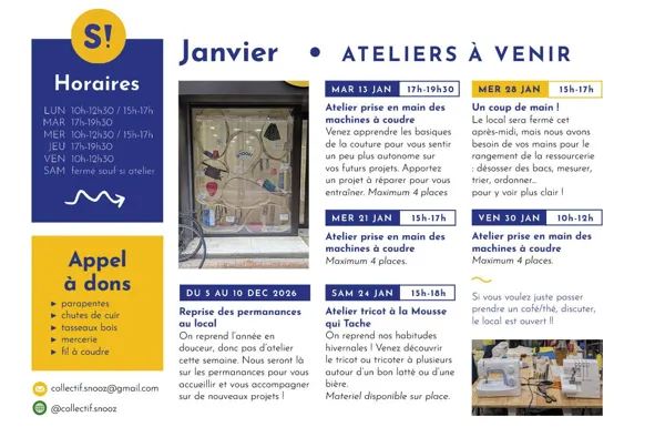 Ateliers couture, tricot… - collectif SNOOZ ( ateliers créatifs et pour le recyclage)