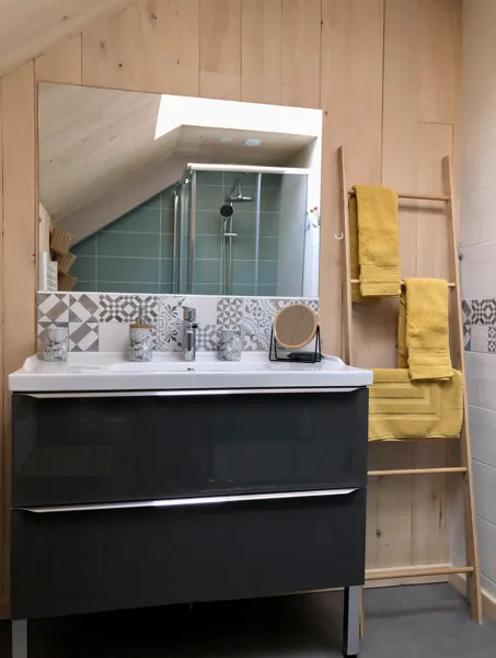 Salle de bain 2, avec douche et WC, à l'étage. 
Draps de douche et serviettes de toilette pour chacun (fournis pour le nombre de voyageur annoncé)., 