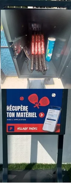 Casier connecté pour la location de raquettes et balles de padel, avec l'application smartphone Village Padel.
