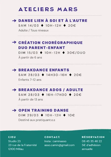 Ateliers danse mars pour adultes, ados et enfants - CAMIN