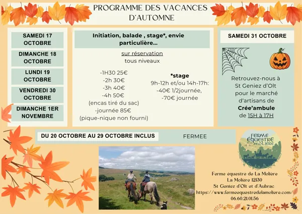 Programme des vacances d'Automne à la ferme de la Molière