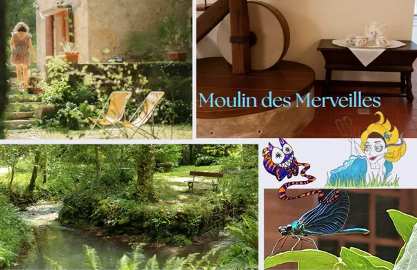 Profitez du cadre charmant de ce logement romantique en pleine nature. Dans cet ancien moulin à huile de noix, dans les sous-bois, où l'eau vive court, aux berges peuplées de libellules bleues, ornées de mousses et de fougères. Une parenthèse  enchantée vous attend. 
La chambre nuptiale avec son lit carré et sa salle de bains/toilettes est sous les toits. C'est le dernier étage du moulin, construction du XIXeme.
La tanière du lapin est faite pour les amoureux de la nature, tout en bois, avec la vue sur le ruisseau qui serpente sur toute la propriété. Un havre de paix dans un écrin boisé., Moulin des Merveilles
