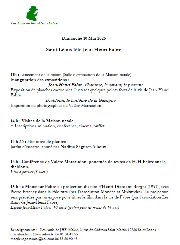 Programme complet du 10 mai 2026 : Saint Léons fête Jean-Henri FABRE