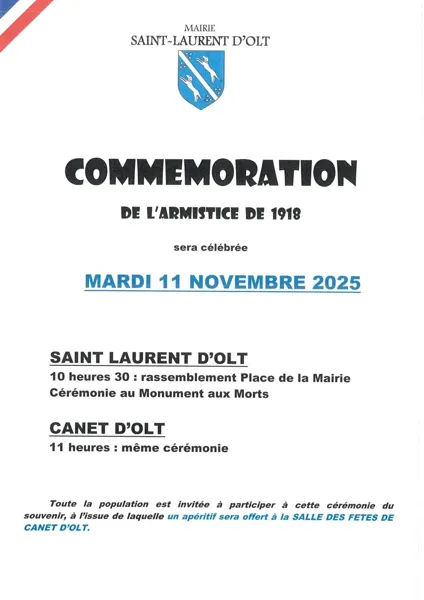 Commémoration de l'armistice à St Laurent d'Olt et Canet d'Olt