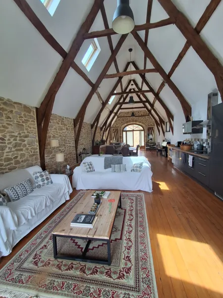 Grande salle commune avec salon et cuisine