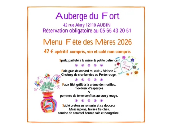 Menu de la fête des mères à l'Auberge du Fort