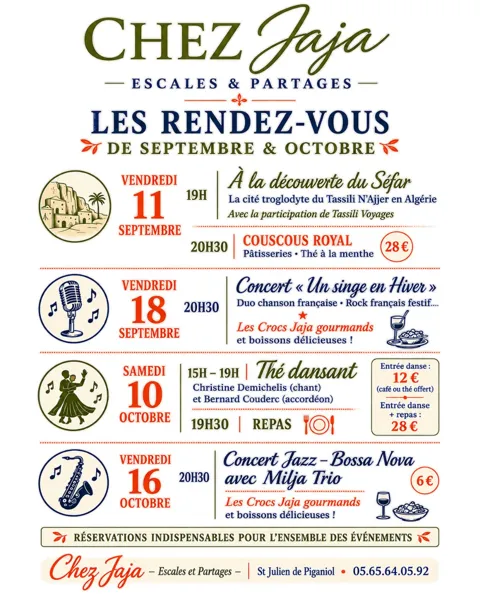 Les rendez-vous de septembre et octobre chez Jaja - Escales & partages