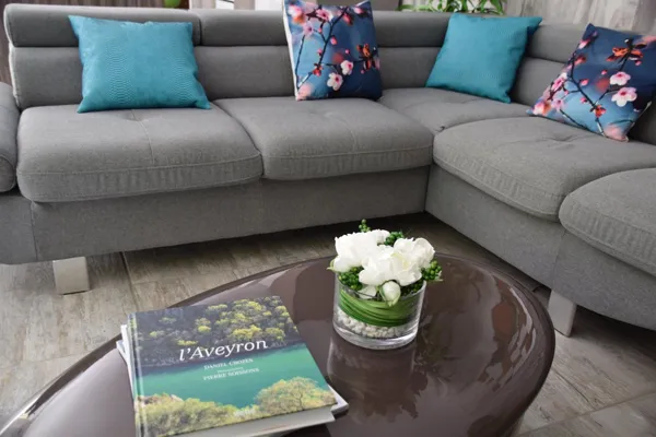 salon chaleureux avec canapé confortable villa de vacances pour se retrouver en famille ou entre amis gite Dandelion Aveyron, Dandelion Gîte design et Spa Aveyron