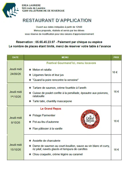 Repas du restaurant d'application de Laurière