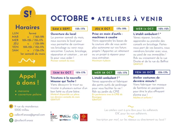 Atelier du mois d'octobre - collectif SNOOZ ( ateliers créatifs et pour le recyclage)